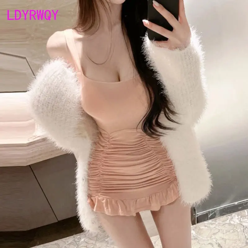 South Korea Dongdaemun New Sexy Women Cushion Chest Show Breast Wrinkle Wrap Hip Sleeveless Dress Women