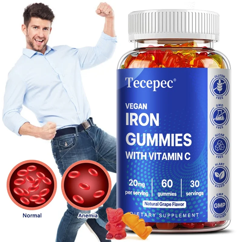 Iron 20mg Gummies with Vitamin C - Supports Energy, Red Blood Cell Production, Immune Function - 60 Gummies
