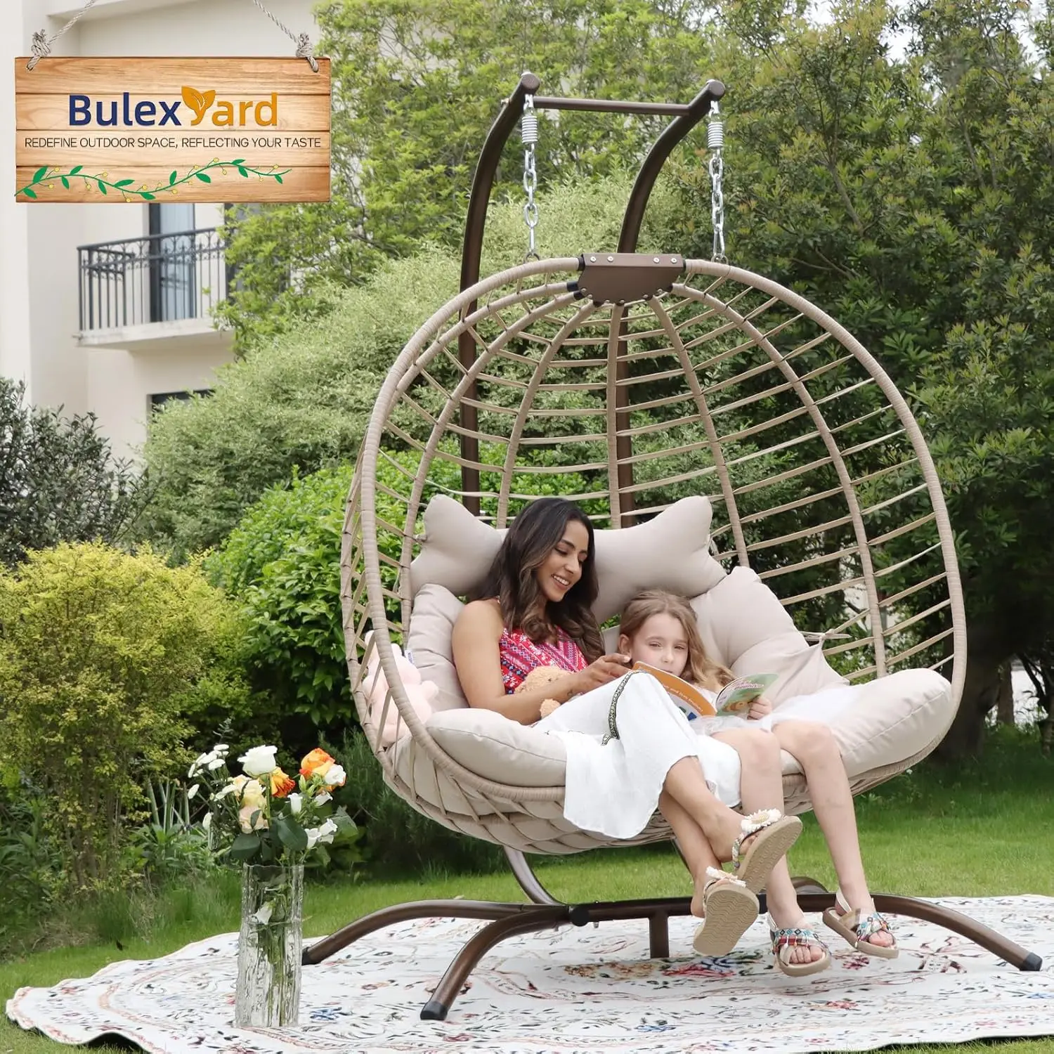 Bulexyard Double Haing Egg Chair With Stand For Outdoor Indoor, Pe Rattan Oversized 2 Person Swing Egg Chair Loveseat For Patio