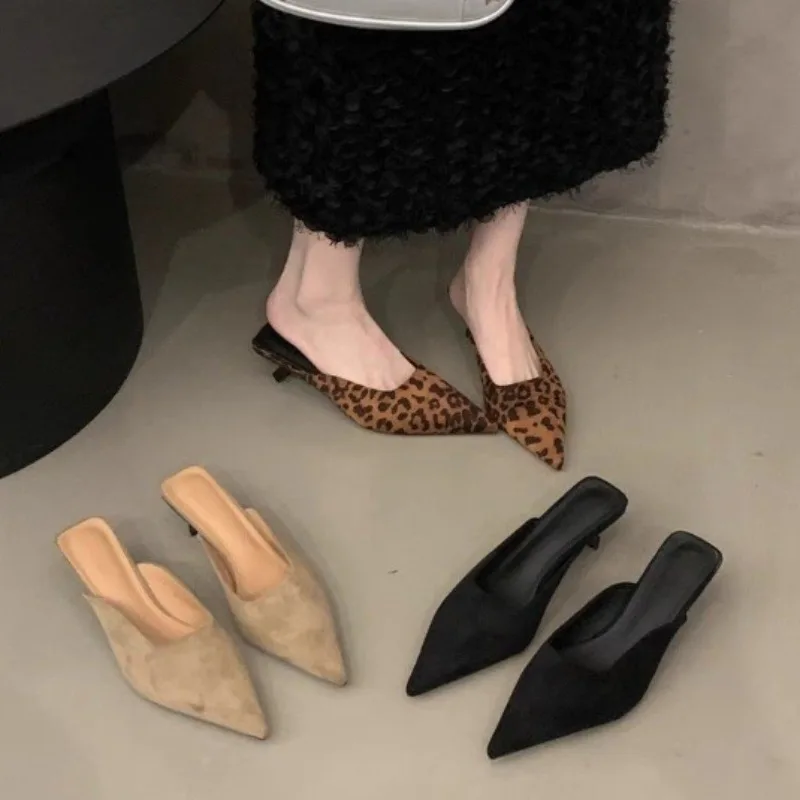 

Spring Summer New Style Fashion Leopard Print Women Slipper Pointed Toe Thin Low Heel Sandal Ladies Mules Shoes Zapatos Mujer
