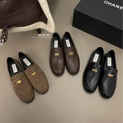 Winter Round Toe Lefu Shoes Vintage Low Heel Gold Coin Lazy Single Shoes Wearing Plush Academy Small Leather Shoes Outside