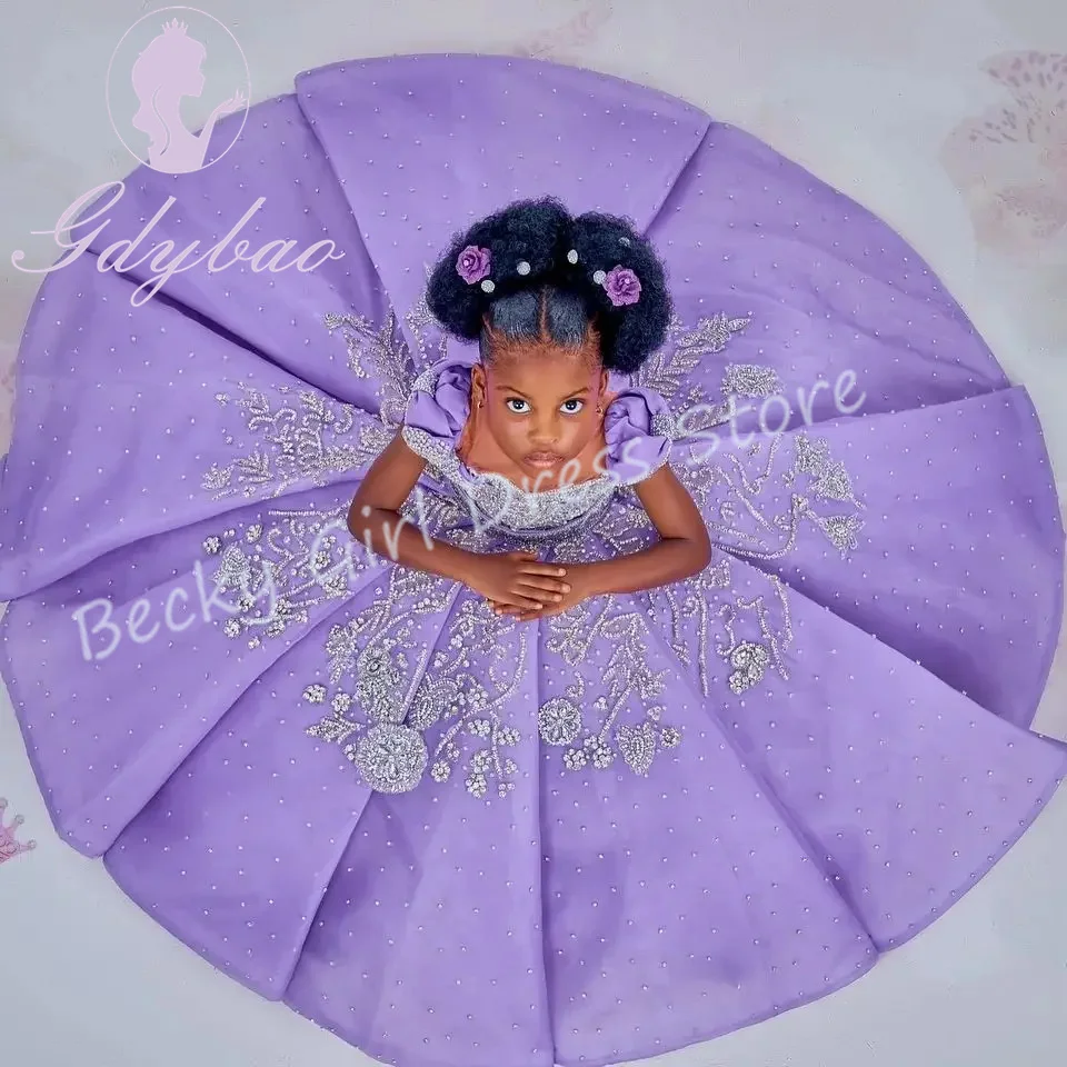 Customized Lavender Flower Girl Dresses For Wedding High Collar Crystal Floor Length Luxury Birthday Party Gift Banquet Gown