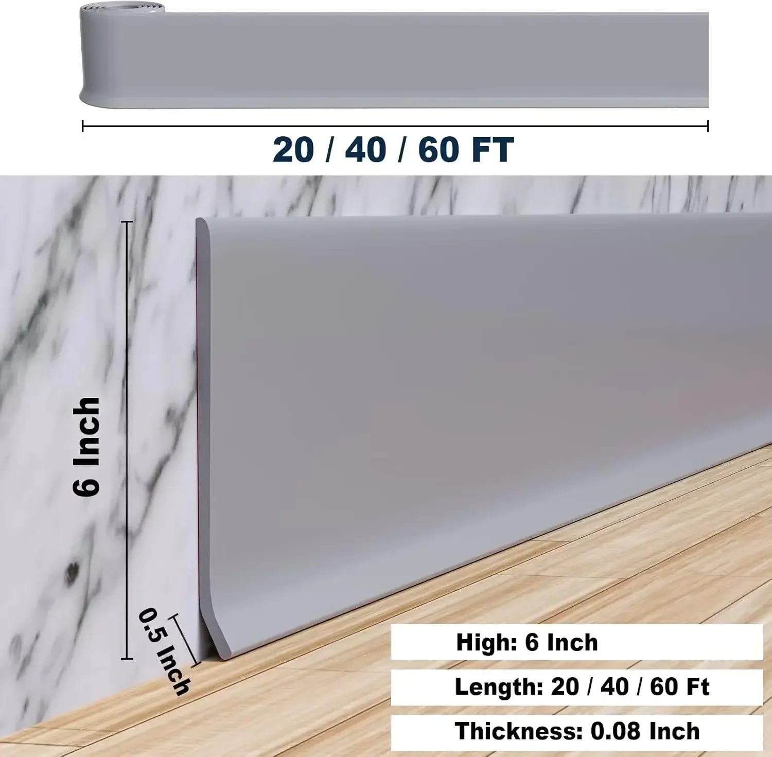 Duzzy Flexible Baseboard Molding Trim, 6 Inch(W) x 40 Feet(L) Peel and Stick Rubber Wall Trim Molding, Self-Adhesive Vinyl Wall