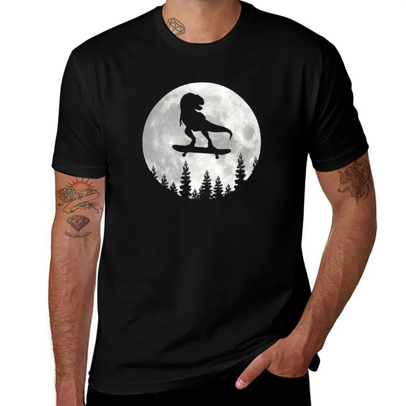 Funny T Rex Dinosaur Skating Moon T-Shirt Plus Size Summer Casual T-Shirt