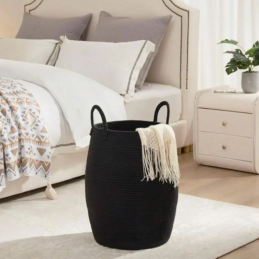 1pc Return Bohemian Black & Beige Woven Storage Basket, Cotton Rope Laundry Hamper With Handles, Large Decorative Organizer For