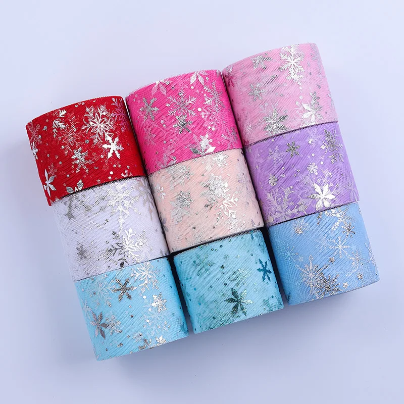 

25 Yards 6CM 8CM 13CM 15CM Tulle Roll Silver Snowflake Ribbon DIY Handmade Material Headdress Bow Clothing Accessories