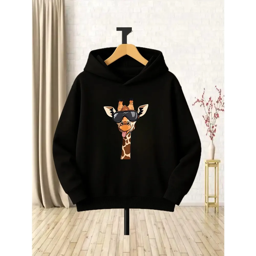 Children's Hooded Sweater, Fun Sunglasses, Giraffe Cartoon Print, Casual, Comfortable, Soft Spring and Autumn Models