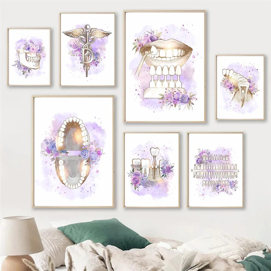 Teeth Anatomy Art Floral Oral Health  Watercolor Dentistry Posters Canvas PaintingPrints Wall Pictures For Dental Clinic Decor