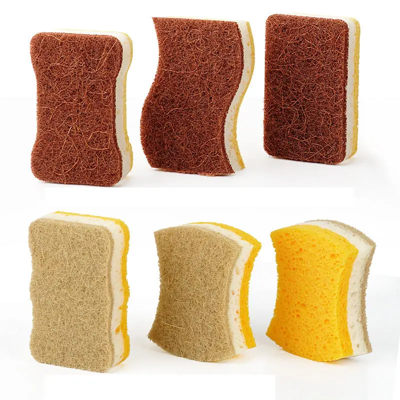 6pcs Three-color Sisal Scouring Pad Wood Pulp Cotton Kitchen Cleaning Dishwashing Brush Pot Artifact Coconut Brown Sponge Wipe