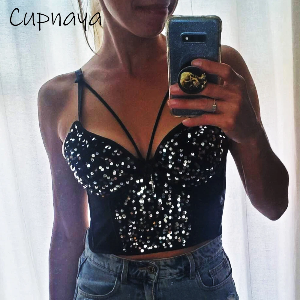 Cupnaya Sparkle Sequins Women Crop Top Bra Pad Push-up Corset Summer Sexy Night Club DJ Dancer Shiny Bustier Plus Size XXL  42