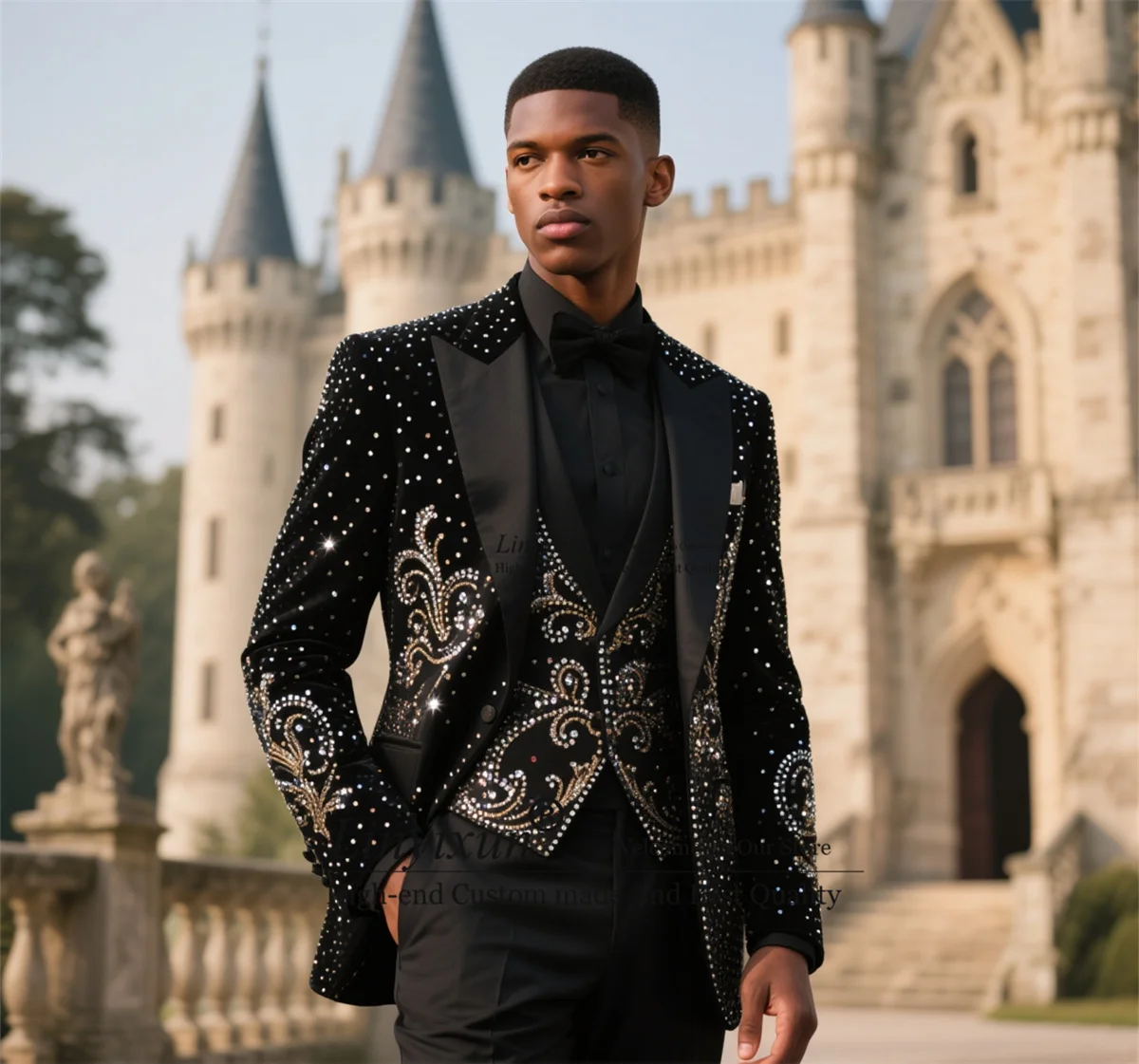 

Luxury Rhinestones Diamond Tuxedos Men Suits 3 Piece Sets Male Prom Blazers Customized Groom Wedding Slim Fit Costume Homme