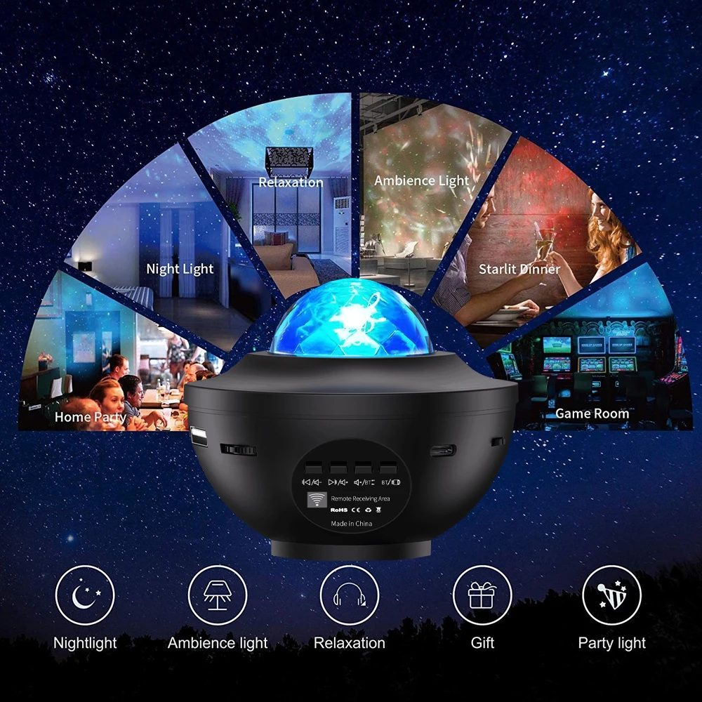 LED Starry Galaxy Projector Remote Control Night Light USB Bluetooth Music Player Romantic Ocean Projector Night Lamp Kids Decor