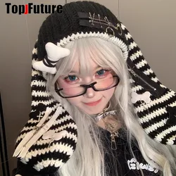 Women Harajuku Gothic Lolita Bunny Ear Hat  Designer furry Winter Beanie Hat Female Y2K Girls rabbit ear ziper punk cute hat