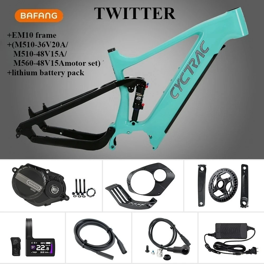 

TWITTER Новый EM10 из углеродного волокна с электроприводом, горная рама с мягким хвостом + двигатель среднего монтажа M510/M560-48V15A + литиевый аккумулятор