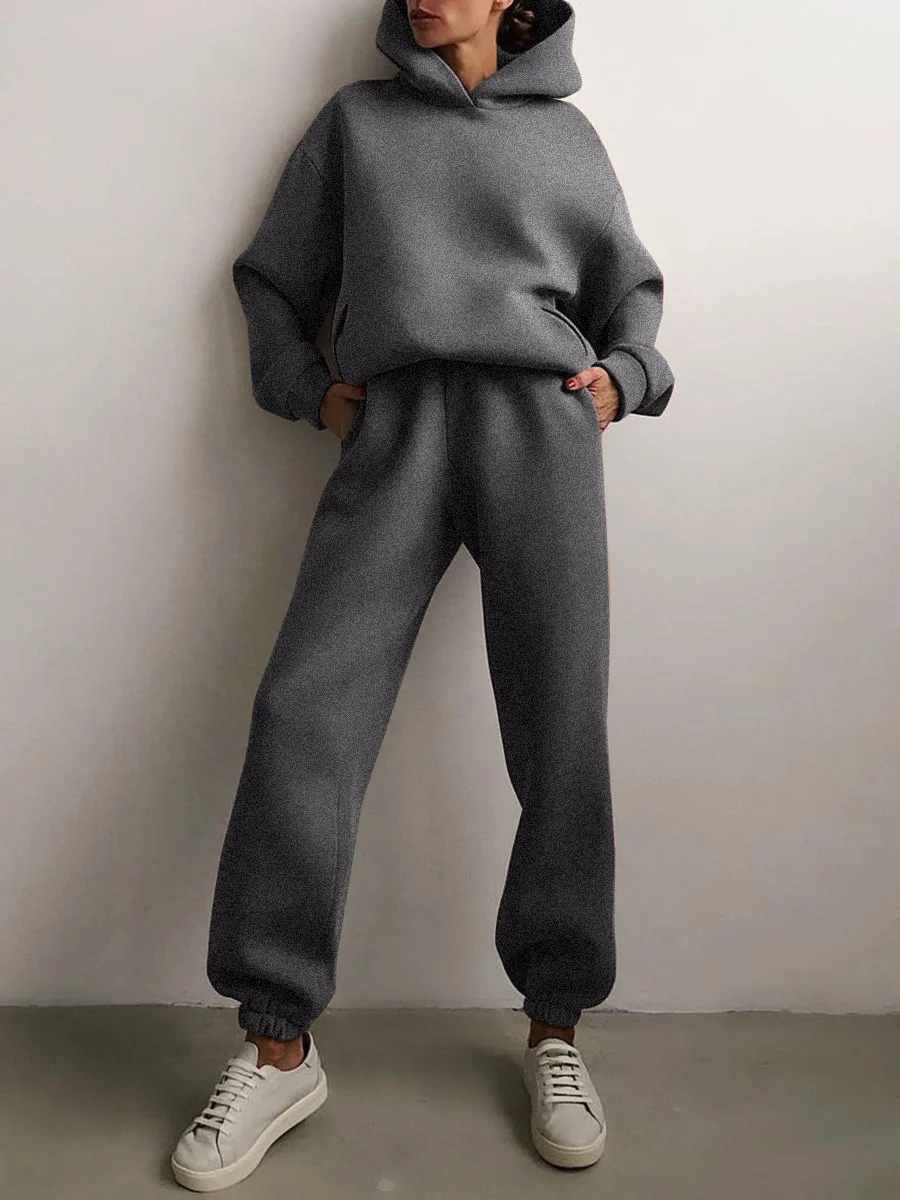 2026 Trend Lässige Mode Verdickter Langarm-Pullover und Hose Zweiteiliges Set mit Kappe für Damen – Detail 12