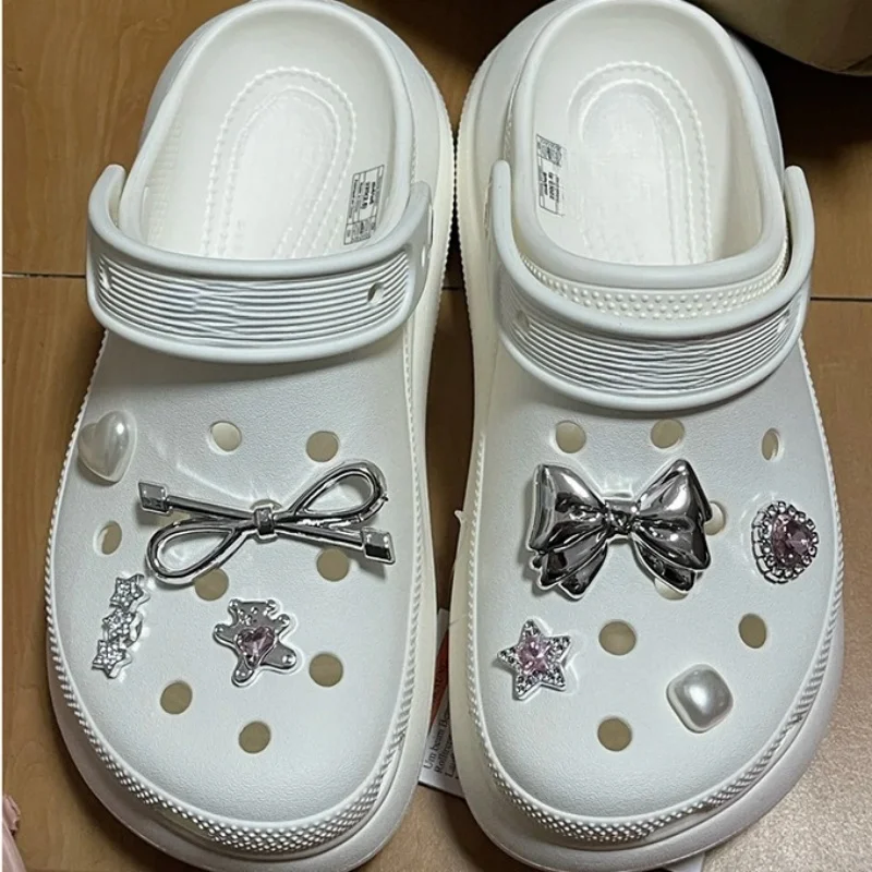 New Y2K Pink Heart & Bow Shoe Charms with Rhinestones & Accents Y2K DIY Charm Set Silvery-Colored Plastic Charms Xmas Gifts