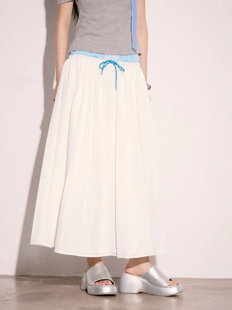 Summer Loose  Knot Long Skirt Women's Half-length Padded Color Block A-Line Skirt Cream Kitten Wave Light Sea Shadow