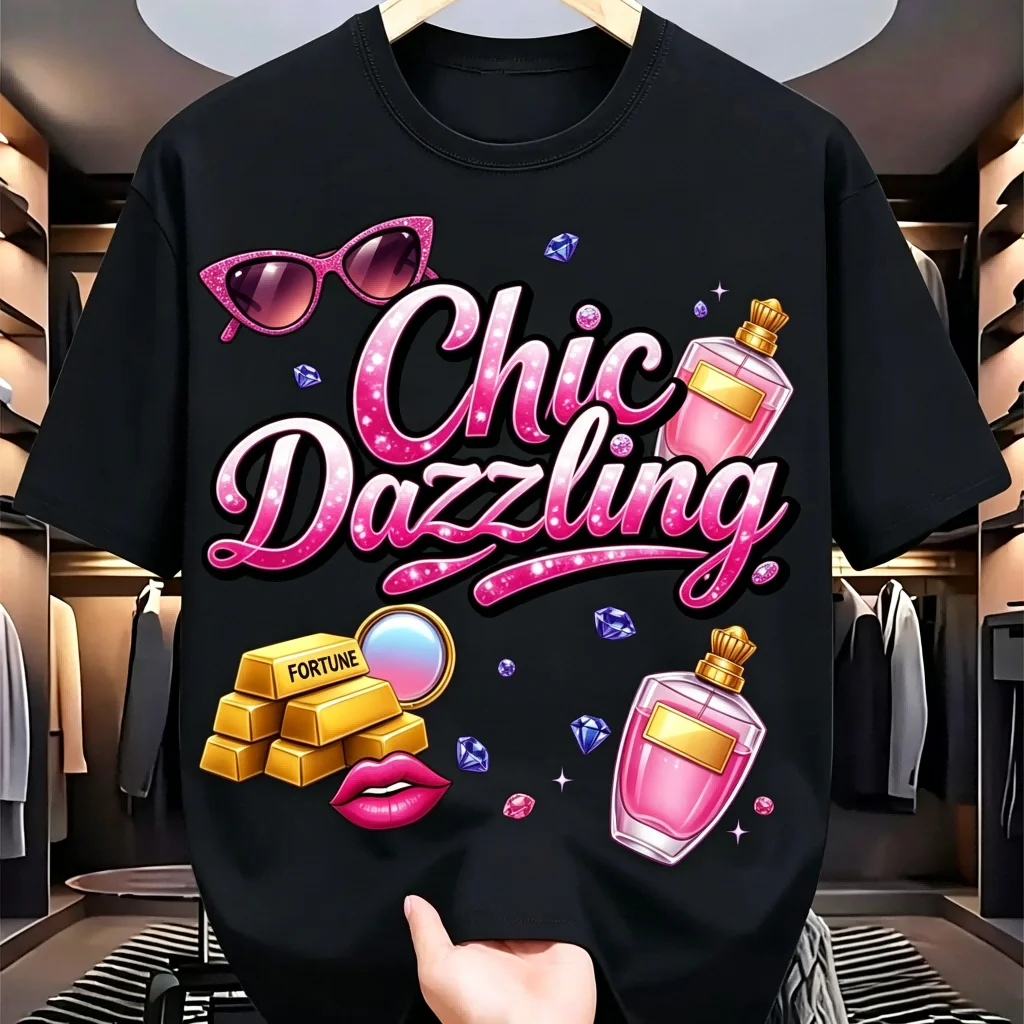 Camiseta de Algodón Negra para Hombre, Estampado Chic y Deslumbrante, Perfume, Gafas de Sol, Estética Dorada, Ropa Urbana Informal, Camiseta de Manga Corta