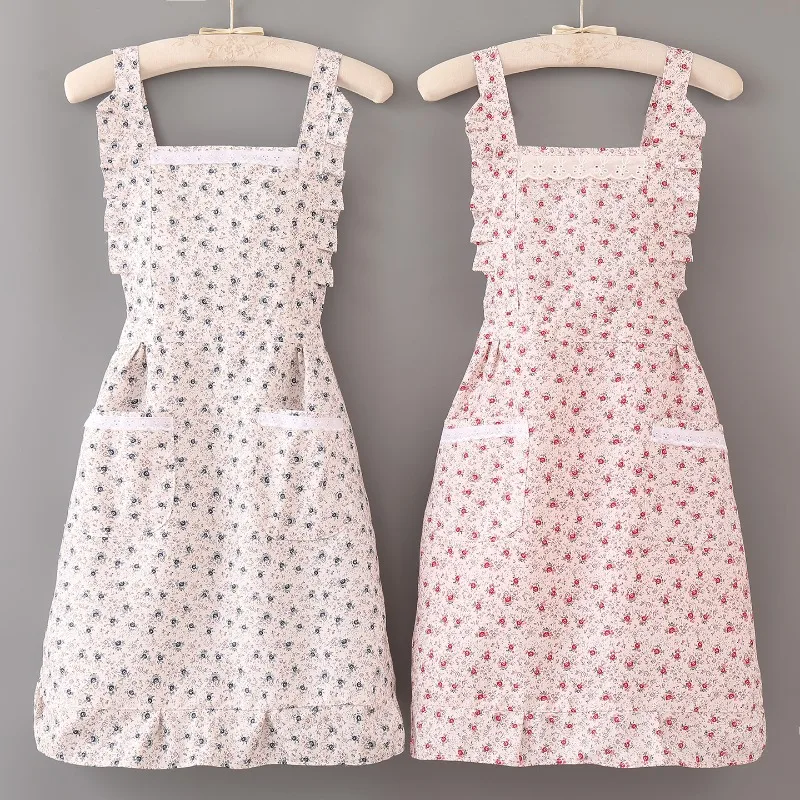 Fashion Cute Cotton Apron with Adjustable Neck Ties for Women Home Pastoral Style Breathable Safety protective clothing