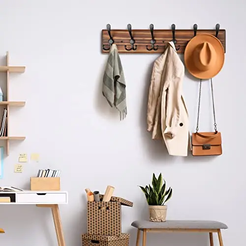 

Brown Wooden Wall-Mounted Coat Rack With Six Triple Black Hooks For Jackets Hats And Accessories