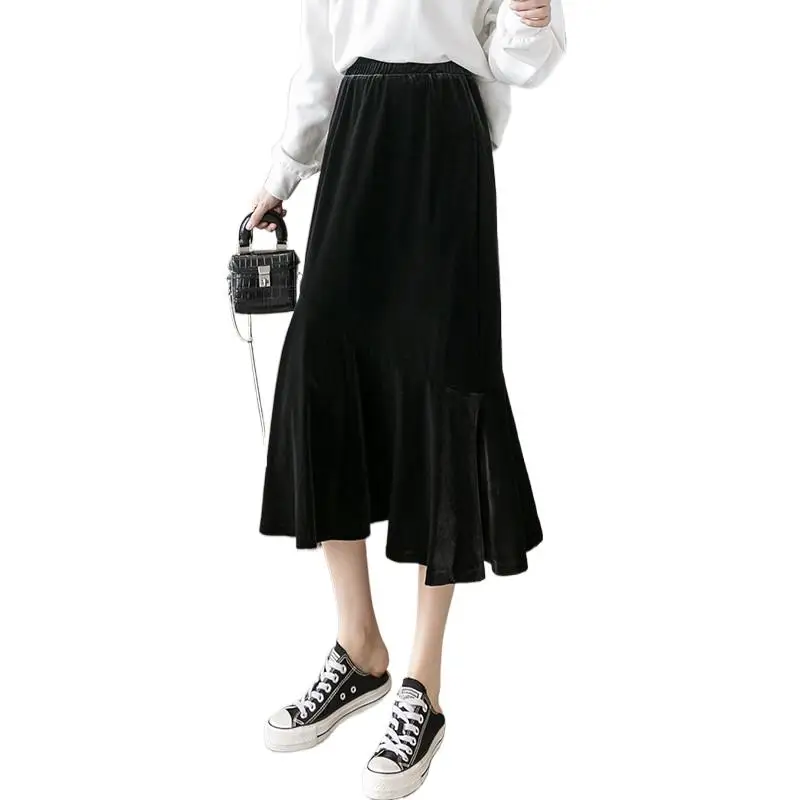 

Autunm Women Ruffled Velour Skirt Plus size Winter Velvet Skirts Korean Street Fashion Elegant Long Skirts Party Vestidos y2k