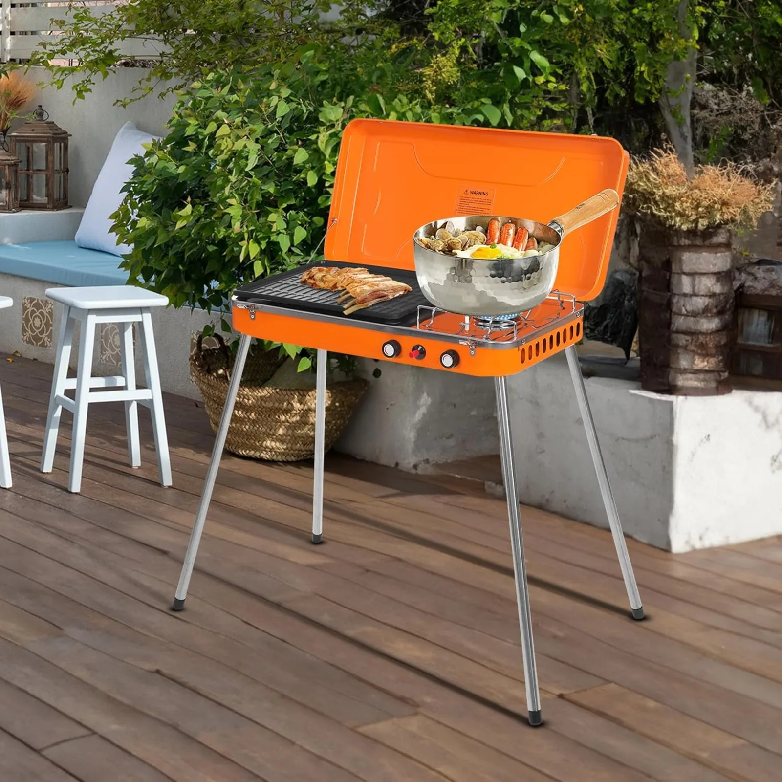 Portable Dual Burner Propane Camping Stove Adjustable Firepower Gas Grill with Handle Extended Legs for BBQ Picnic Outdoor Use