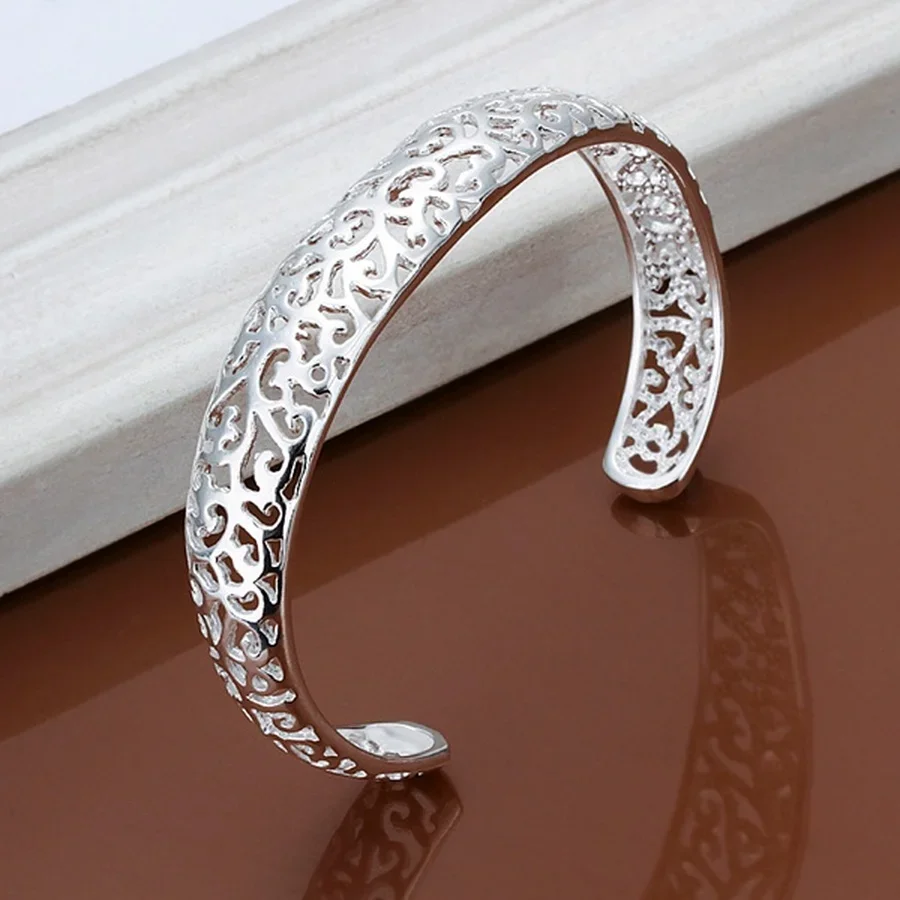 925 Sterling Silver Open Bangle Bracelet for Women Lady Girl Cute Favorite Gift Retro Charm Exquisite Circular Fashion  Jewelry