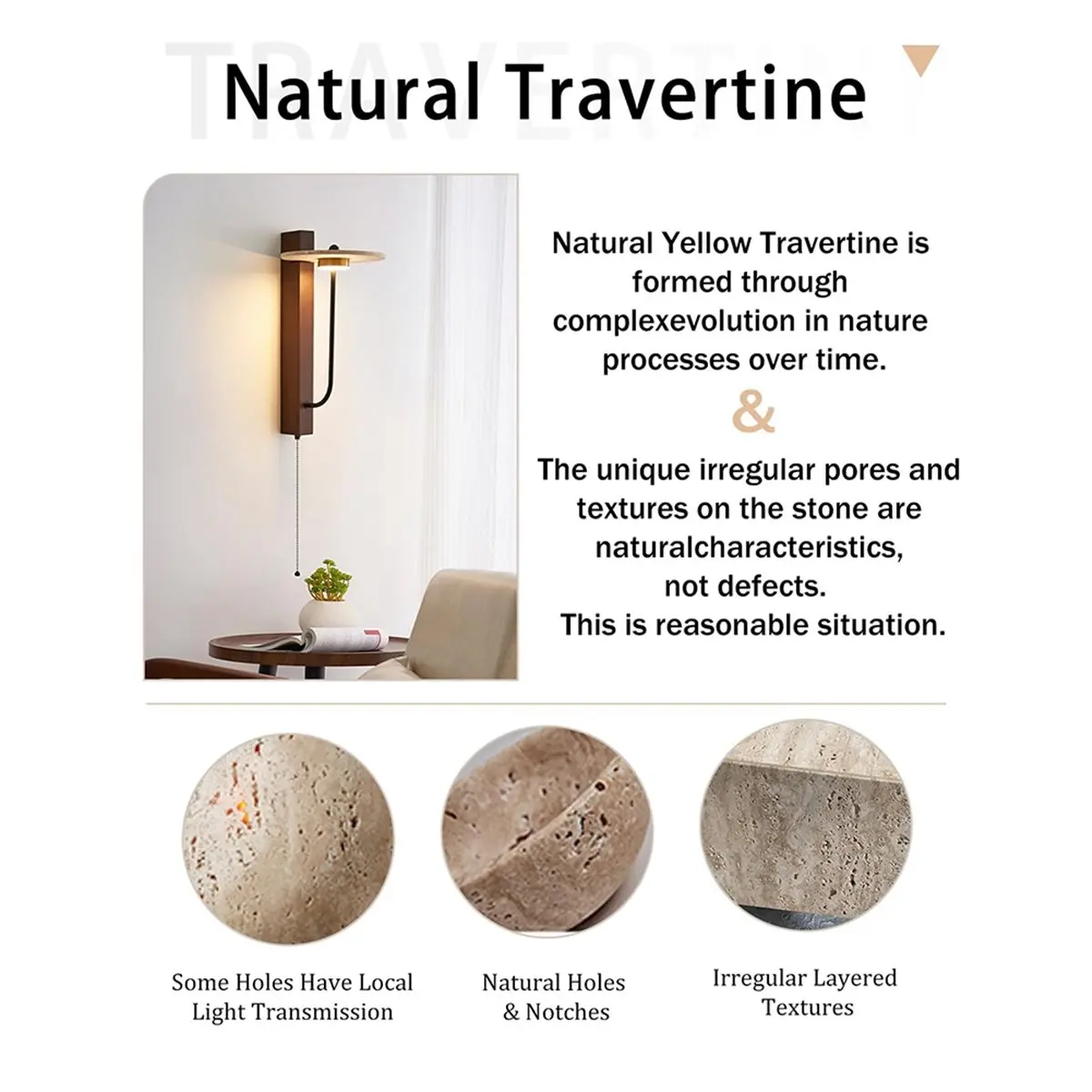 DT81 Light Fixture with Natural Stone Lamp Shade Pull Cord Switch Wood Base, Art Deco Wall Sconces for Bedside Bedroom