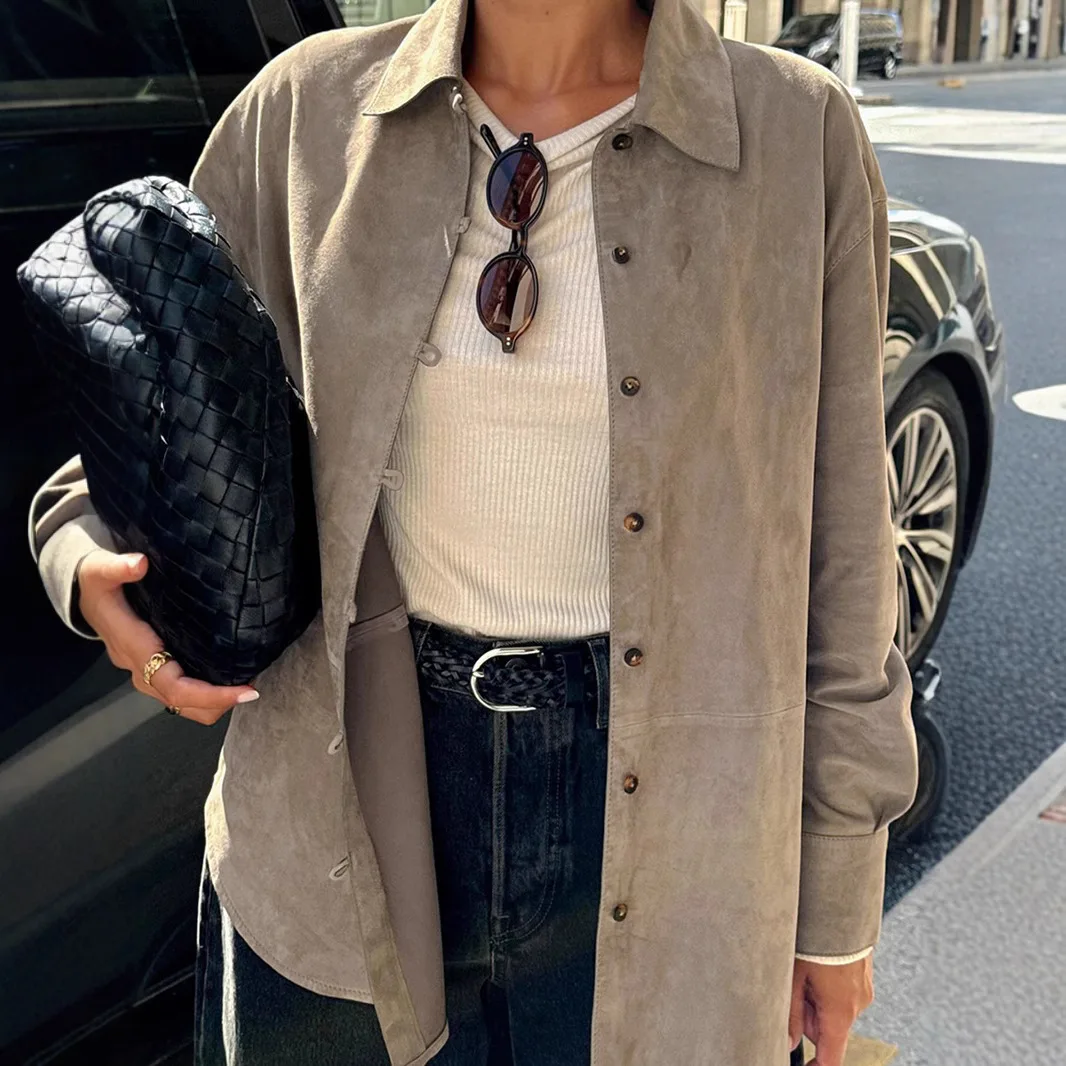 Vintage Brown Suede Shirt Fall-winter 2024 Small Loose Midi Cardigan Top Women