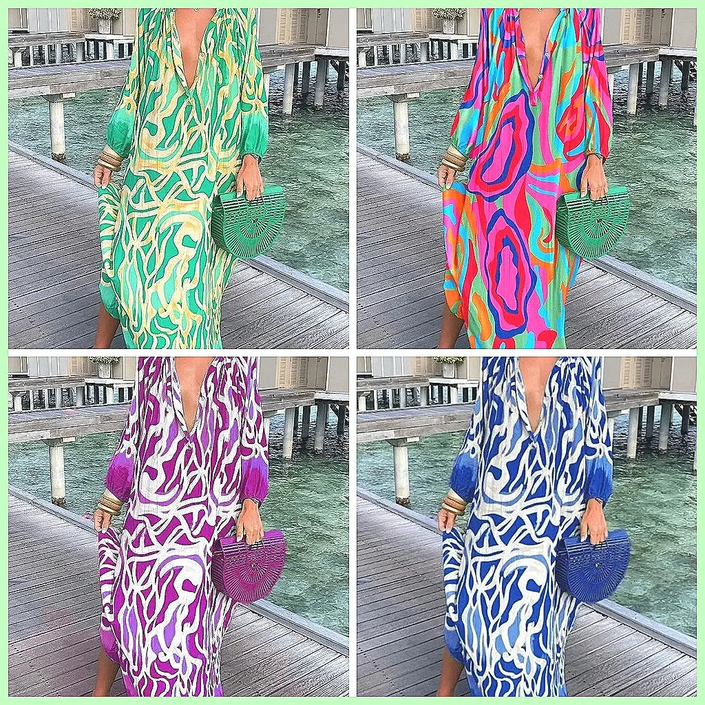 Autumn Women's Long Sleeve V-Neck Printed Maxi Dress, Loose Casual Button Down Floor-Length Dress