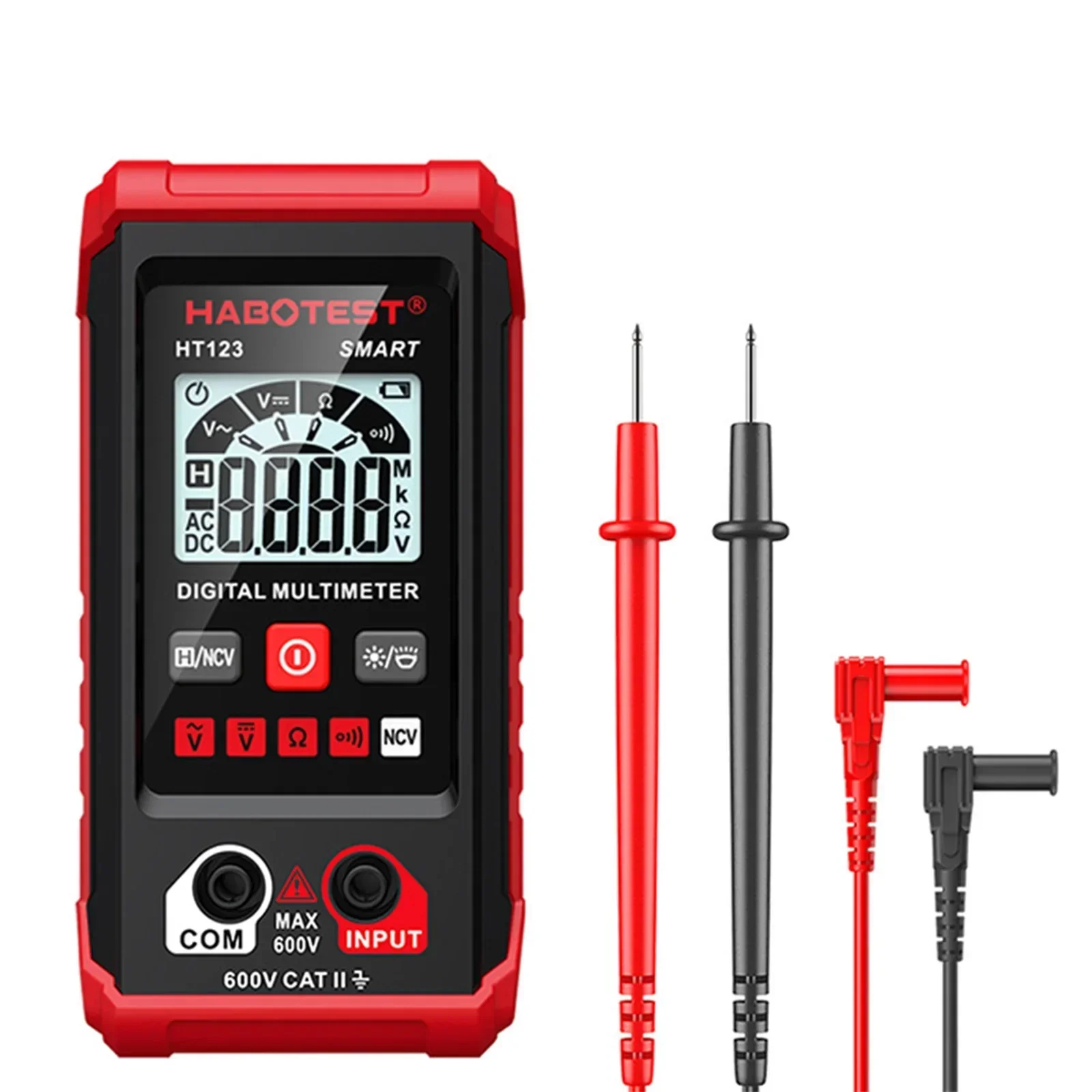 HT123 High Precision Digital Multimeter with NCV Detection and LED Flashlight Measures DC Voltage and Resistance Up to 600KΩ