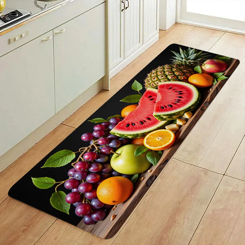 Vibrant Tropical Mixed Fruit Wooden Tray Realistic Print Long Floor Mat Black Base Fresh Fruit Pattern Kitchen Corridor Rug