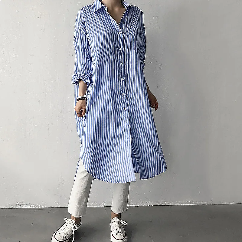 Midi Shirt Blouse Long Sleeve Striped Tops Spring Summer Loose Fit Blue White Striped Shirts Blouses Tees