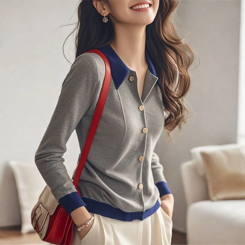 

Grey Patchwork Knit Sweater Women Autumn Single Breasted Long Sleeve Top Elegant Coat
