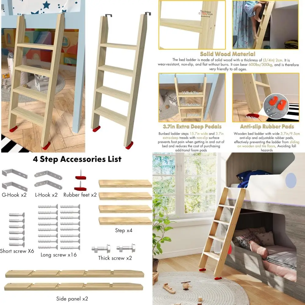 

Wooden Bunk Bed Ladders 50-60 Inches, Deep Steps, Non-Slip Pads, Loft Dorm RV Replacement