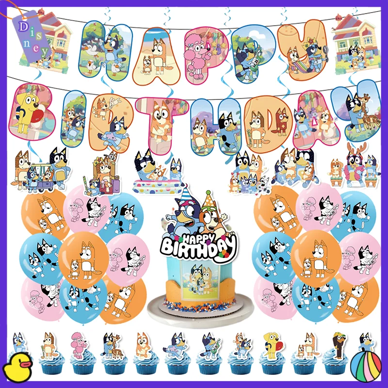 Cartoon The Bluey Family Theme Birthday Party Decorative Supplies Banner Flag Inserting Balloon Spiral Decoration Set Kid Gift