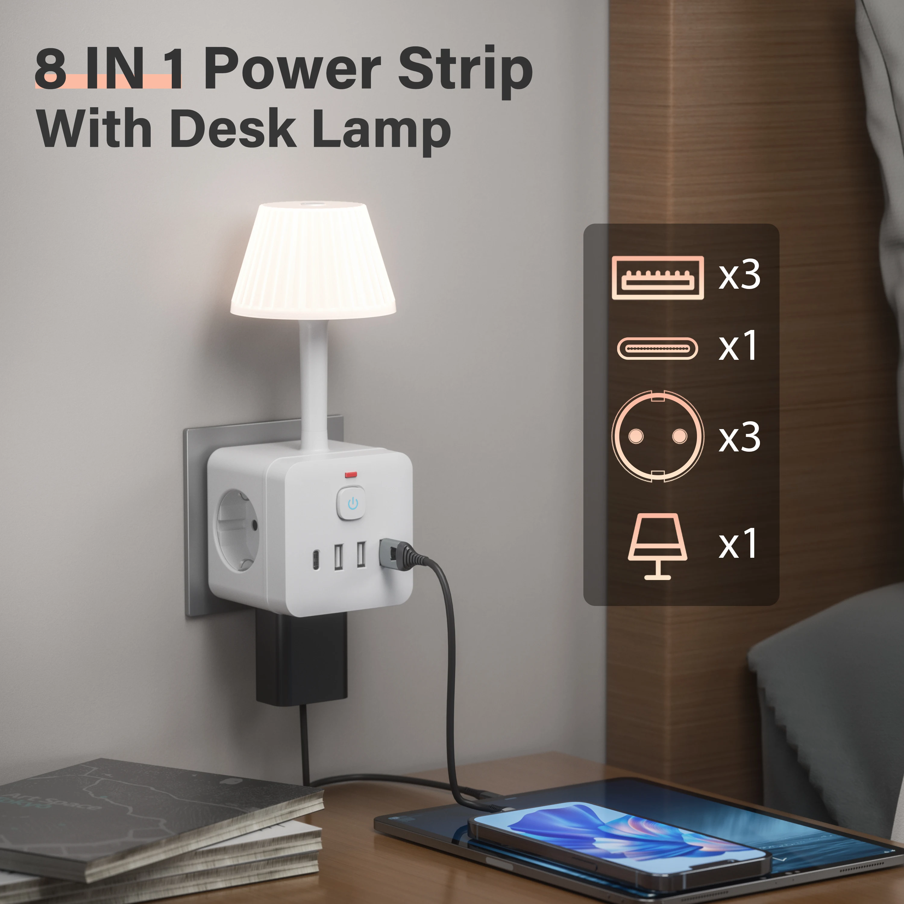 1 Pc 3-Outlet Power Strip with Adjustable Brightness Desk Lamp, Surge Protection, On/Off Switch, 3 USB-A Ports & 1 USB-C Port