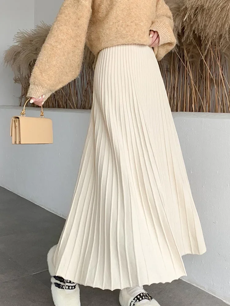 

Korean Knitted Long Skirts Women Autumn Warm Pleated Maxi Skirt Female Elegant Fashion High Waist A-line Skirts Ladies P633