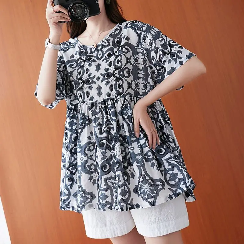 Vintage Paisley Print Ruffles Spliced Blouse Woman 2023 Summer Fashion Casual O-Neck Short Sleeve Loose Oversized Pullover Shirt