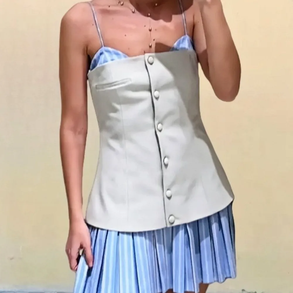 

Striped Sleeveless Dress Patchwork Wide Pleated Teenagers Adolescent Suspenders Short Skirt Loose Blue Color