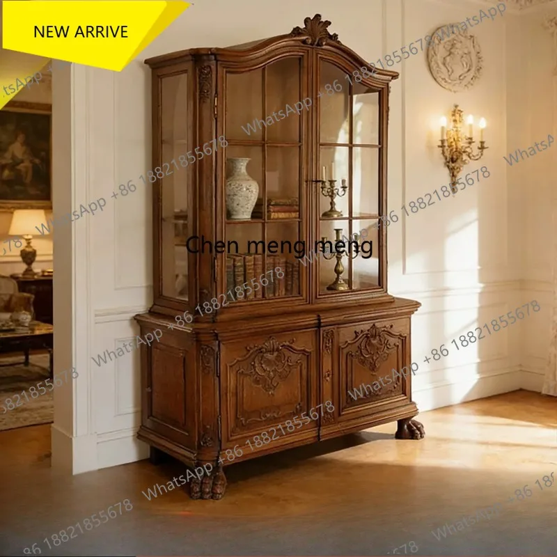 G153 French retro solid wood carving flower wine cabinet medieval villa display cabinet American country glass dining side cabin