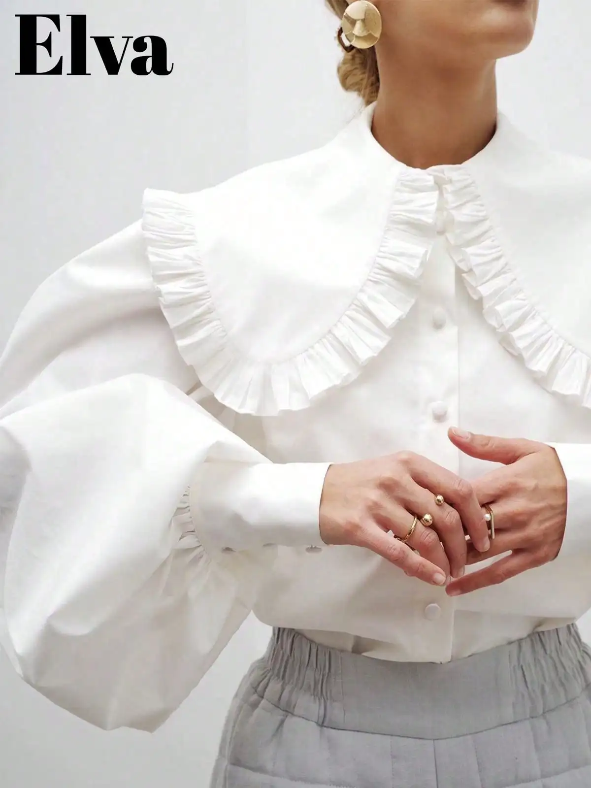 

Белая блузка с воротником «Питер Пэн», рюшами и рукавами-фонариками для офиса, свиданий и вечеринок