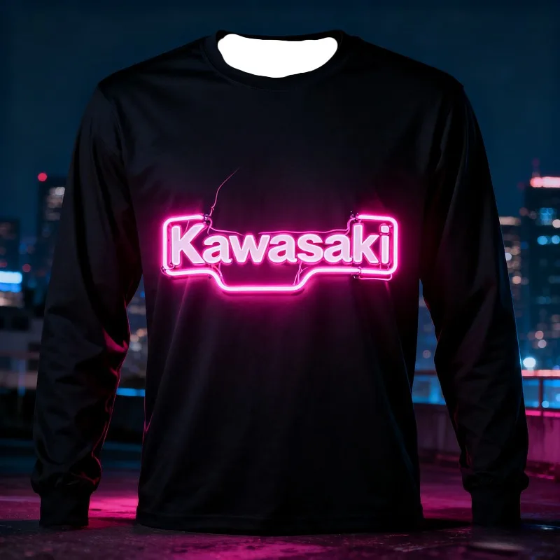 

MOTO-Черная рубашка с длинными рукавами и привлекательным неоновым розовым рисунком логотипа Kawasaki