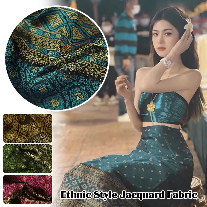 

Dai Ethnic Floral Print Embossed Jacquard Fabric Material Printed Diy Sewing Craft Supplies for Dress Straight Skirt 50X100Cm