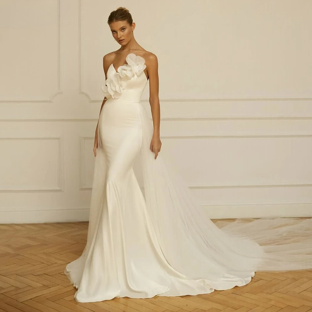 Customized Satin Wedding Dresses Mermaid Strapless 3D Flowers Bride Prom Gowns Sexy High Quality Bridal Party Dress for Women