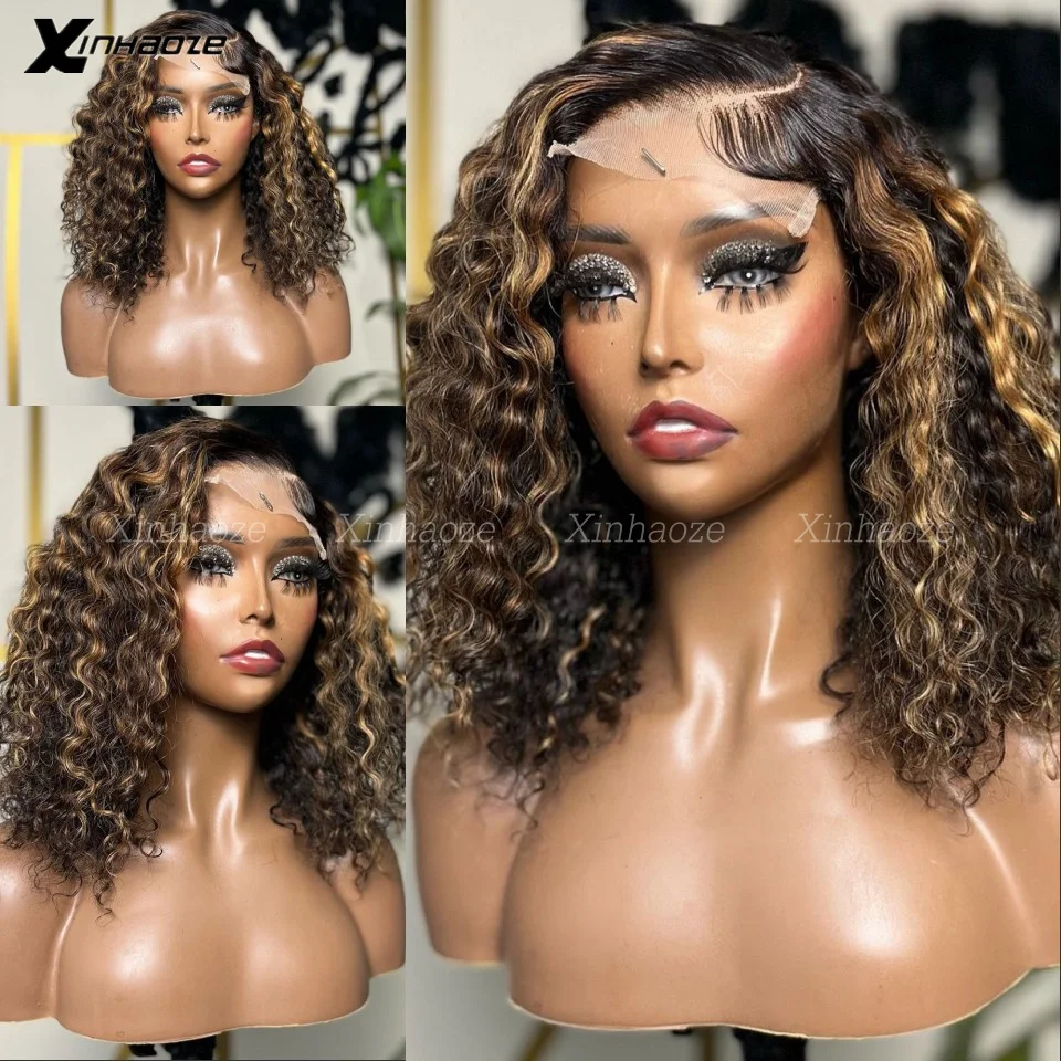 Highlight Curly Bob 13x6 Lace Frontal Wig Brazilian Ombre Brown Deep Wave Short Bob 13x4 Silk Top Lace Front Human Hair Wigs