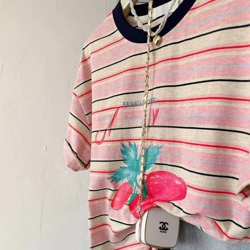 

Dopamine Girl Stripes Summer Fashionable Short Sleeve T-Shirt Strawberry Print round Neck Loose plus Size Women's Top