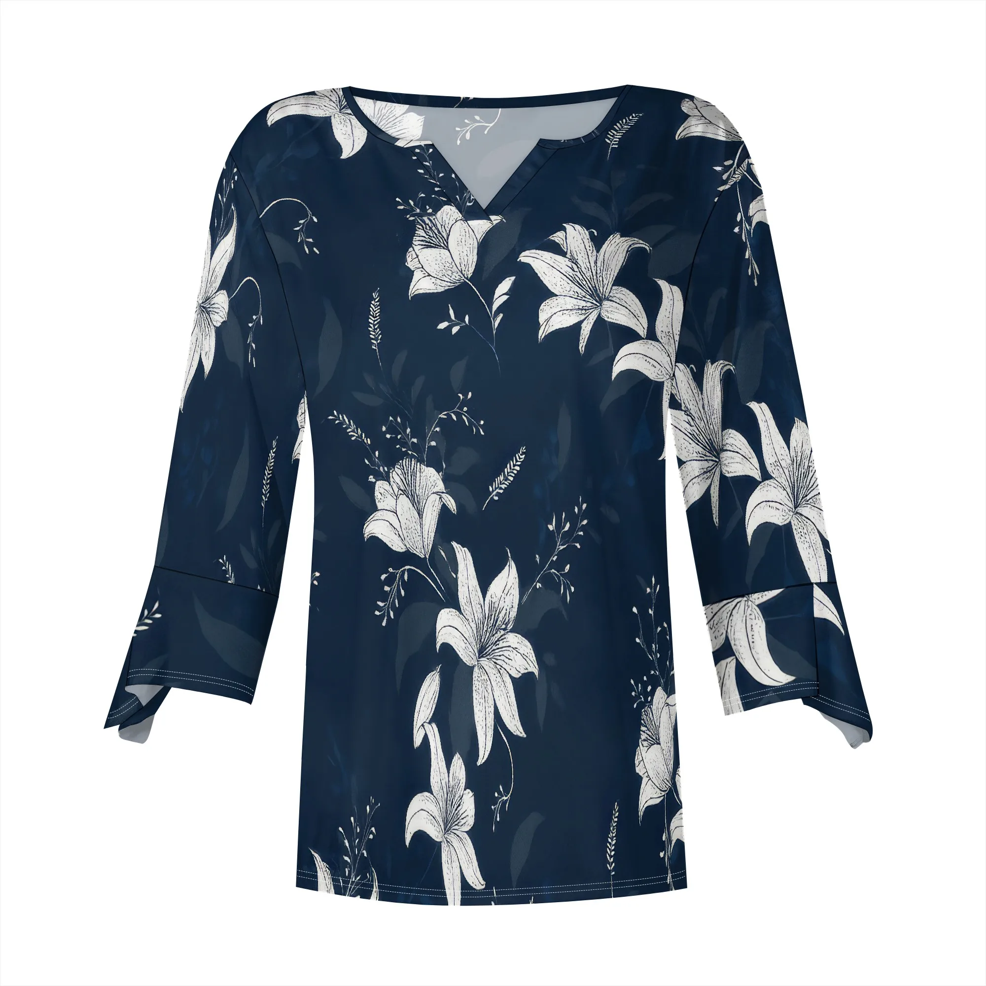 Top da donna Camicie a maniche a 3/4 Camicette estive con stampa floreale Boho per donna T-shirt grafica casual ampia con scollo a V