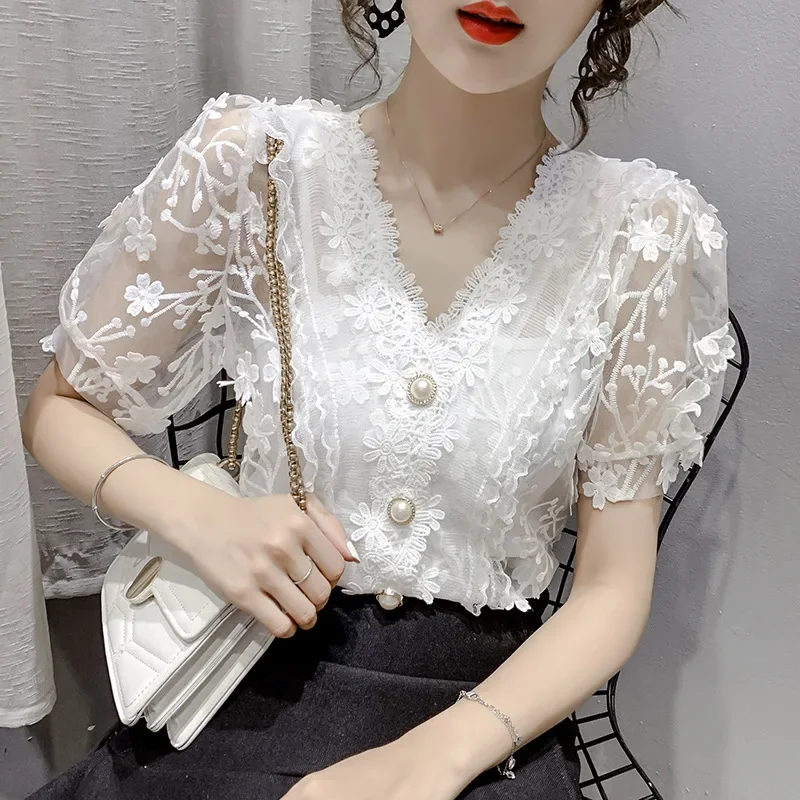 Lace Tops Women Pearls V-neck Chiffon Short Sleeve Shirt flower Blouse Printed Floral Transparent Women Sexy Crop Top Blouses