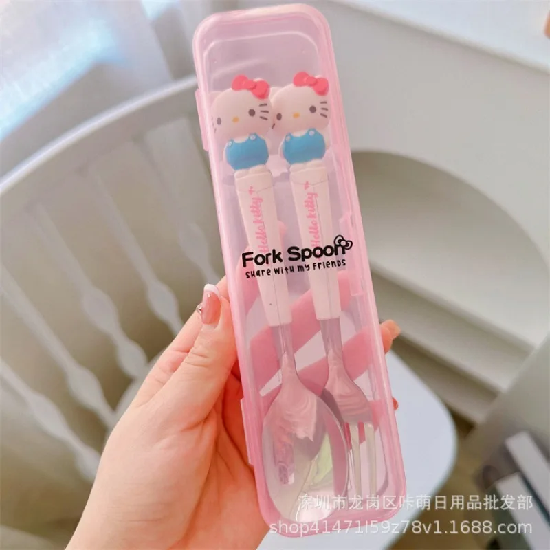 New Anime Sanrio Hello Kitty Kuromi Cinnamoroll Spoon Fork Kawaii Two-piece Tableware Set Portable Cute Dining Out Dining Spoon